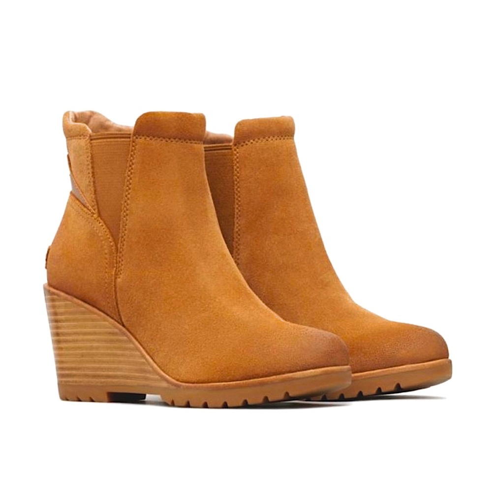 Sorel After Hours Brown Camel Suede Wood Wedge Chelsea Booties Slip On Boots 8